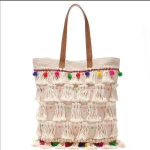 NWT Sonoma Macrame Fringe Pom Pom Tote